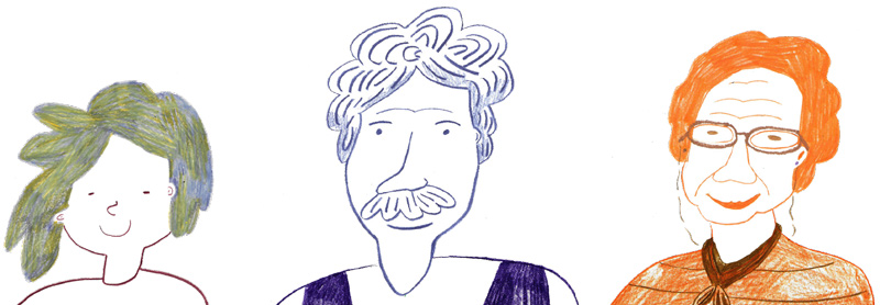 Bild: Drei gezeichnete Portraits: Ein kleines Kind mit Locken, ein Mann mittleren Alters mit einem Schnauzer und eine ältere Dame mit Brille.